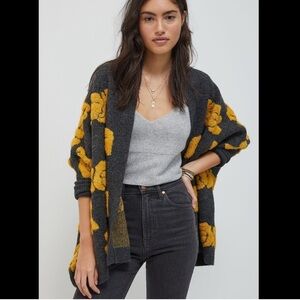 Pilcro (Anthropologie) Charcoal and Yellow Patterned Cardigan One Size